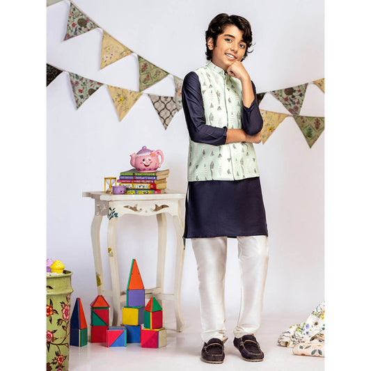 PS Kids By Payal Singhal Blue Printed Navy Kurta And Off White Churidar (Set of 3)