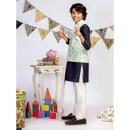 PS Kids By Payal Singhal Blue Printed Navy Kurta And Off White Churidar (Set of 3)