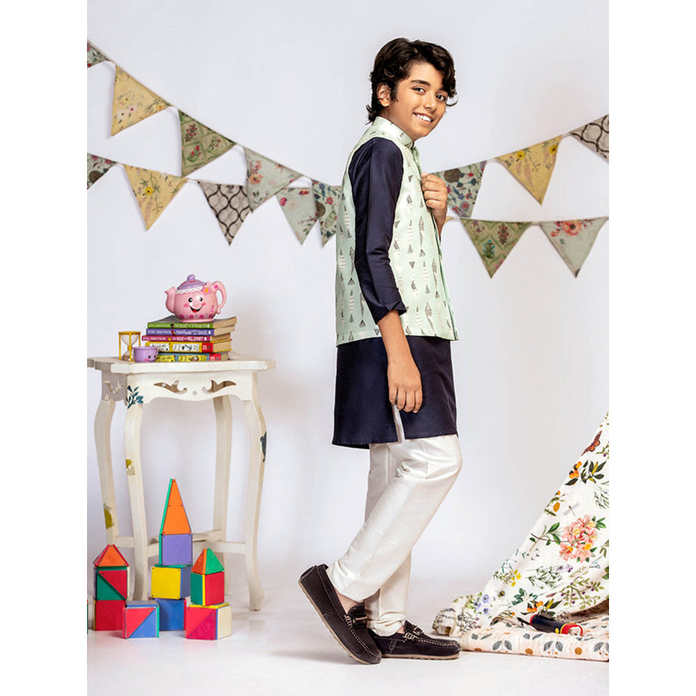 PS Kids By Payal Singhal Blue Printed Navy Kurta And Off White Churidar (Set of 3)