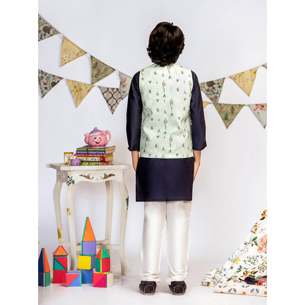 PS Kids By Payal Singhal Blue Printed Navy Kurta And Off White Churidar (Set of 3)