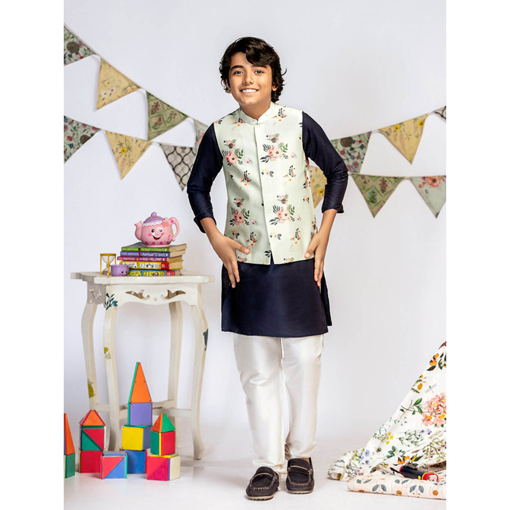 PS Kids By Payal Singhal Powder Blue Printed Navy Kurta And Churidar (Set of 3)