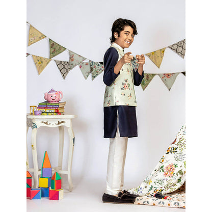 PS Kids By Payal Singhal Powder Blue Printed Navy Kurta And Churidar (Set of 3)