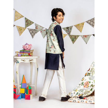 PS Kids By Payal Singhal Powder Blue Printed Navy Kurta And Churidar (Set of 3)