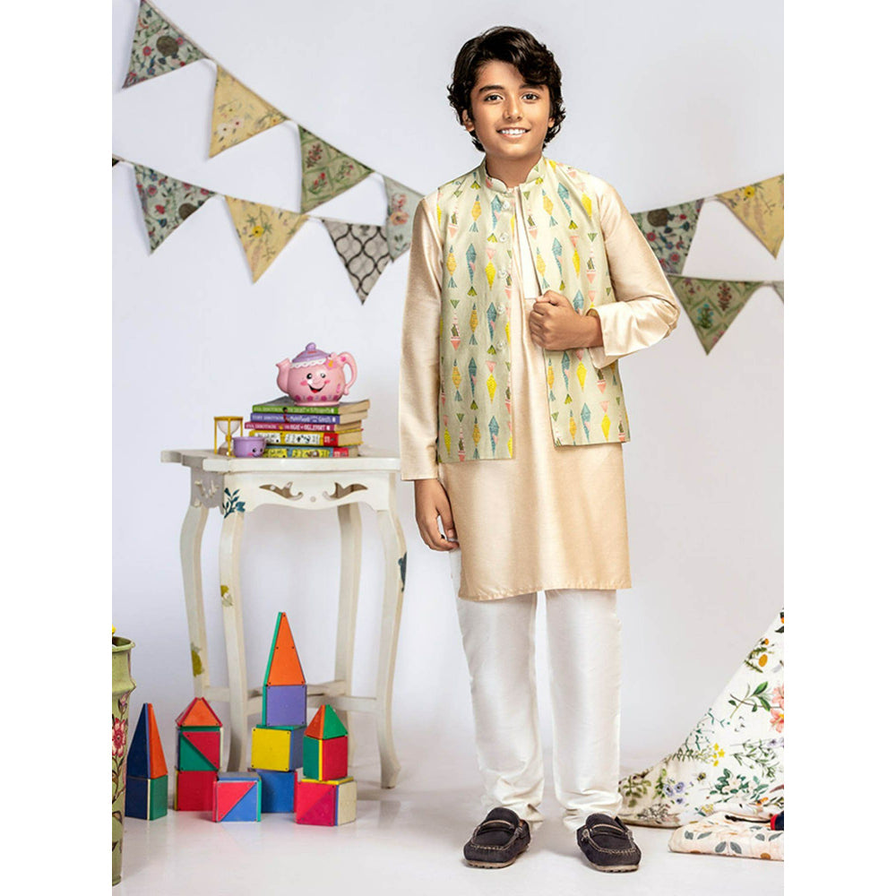 PS Kids By Payal Singhal Green Printed Stone Kurta And Off White Churidar (Set of 3)