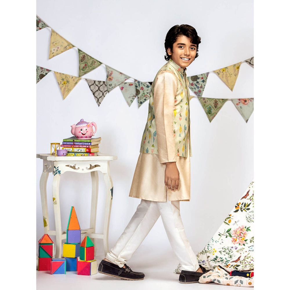 PS Kids By Payal Singhal Green Printed Stone Kurta And Off White Churidar (Set of 3)