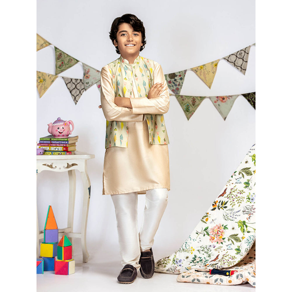 PS Kids By Payal Singhal Green Printed Stone Kurta And Off White Churidar (Set of 3)