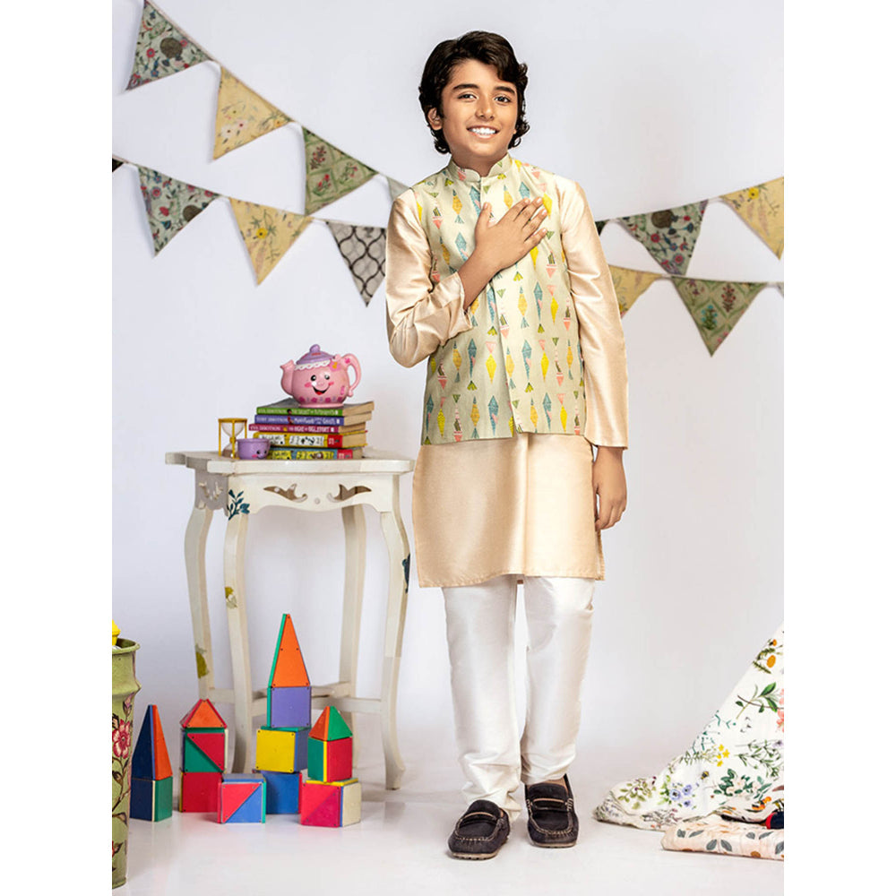 PS Kids By Payal Singhal Green Printed Stone Kurta And Off White Churidar (Set of 3)