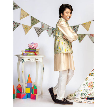 PS Kids By Payal Singhal Green Printed Stone Kurta And Off White Churidar (Set of 3)