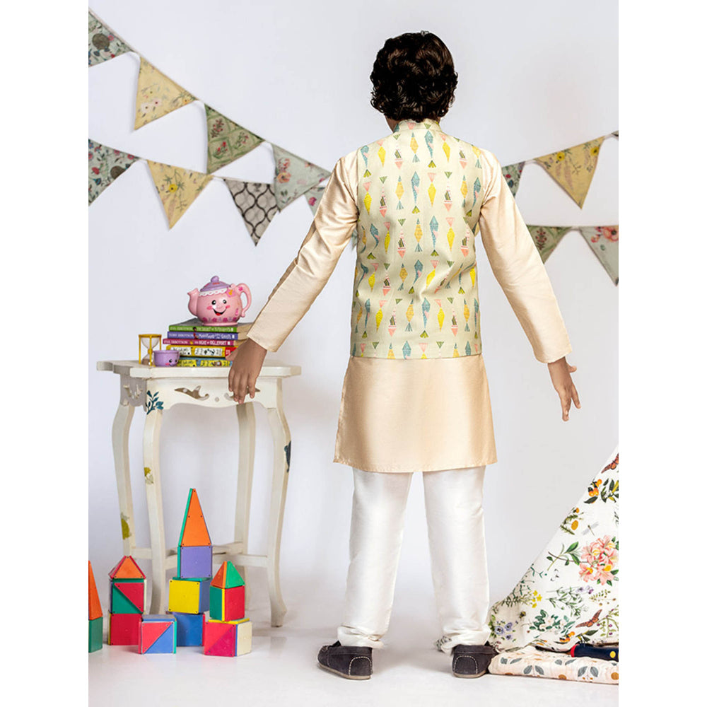 PS Kids By Payal Singhal Green Printed Stone Kurta And Off White Churidar (Set of 3)