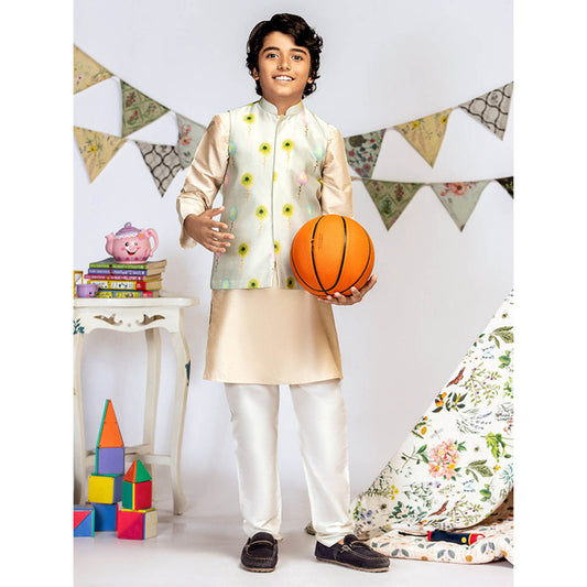 PS Kids By Payal Singhal Grey Printed Stone Kurta And Off White Churidar (Set of 3)