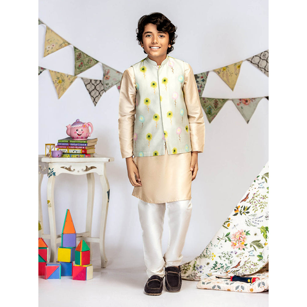 PS Kids By Payal Singhal Grey Printed Stone Kurta And Off White Churidar (Set of 3)