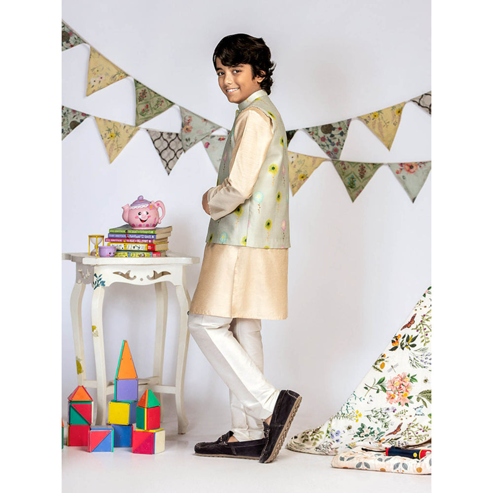 PS Kids By Payal Singhal Grey Printed Stone Kurta And Off White Churidar (Set of 3)