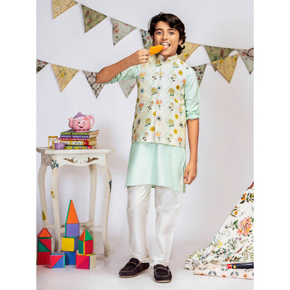 PS Kids By Payal Singhal Cream Printed Aqua Kurta And Off White Churidar (Set of 3)