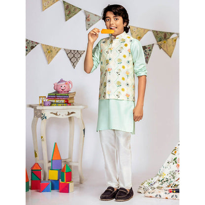 PS Kids By Payal Singhal Cream Printed Aqua Kurta And Off White Churidar (Set of 3)