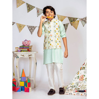 PS Kids By Payal Singhal Cream Printed Aqua Kurta And Off White Churidar (Set of 3)