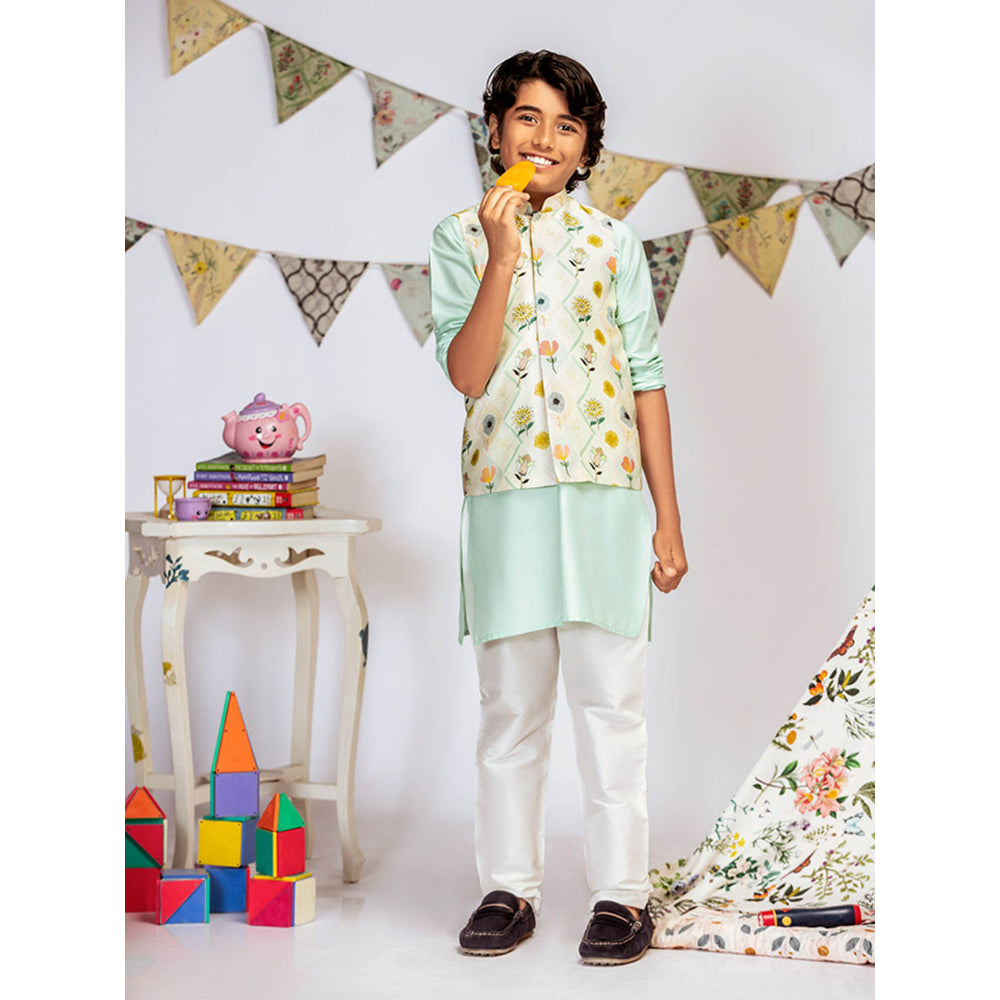 PS Kids By Payal Singhal Cream Printed Aqua Kurta And Off White Churidar (Set of 3)