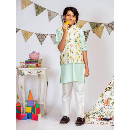 PS Kids By Payal Singhal Cream Printed Aqua Kurta And Off White Churidar (Set of 3)