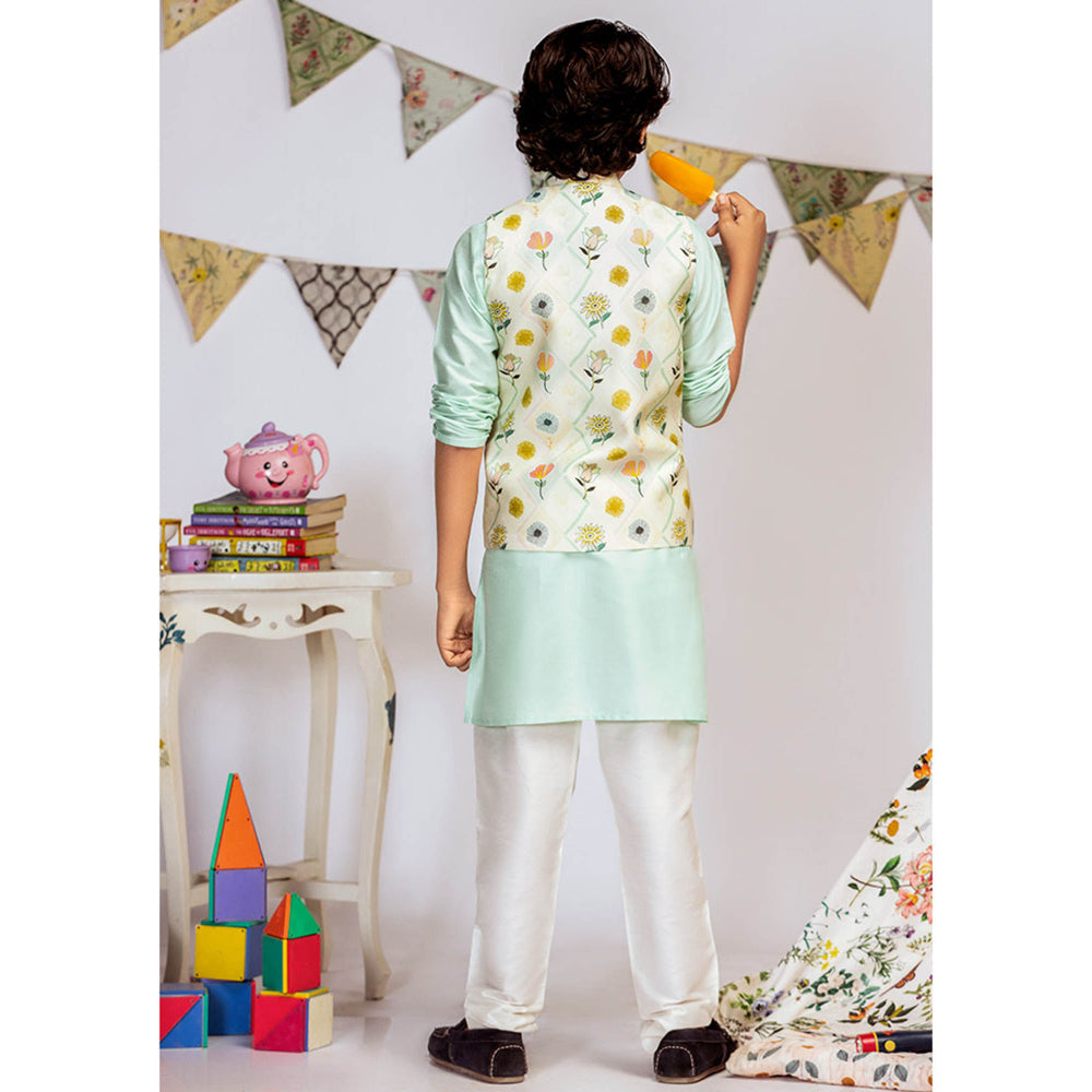 PS Kids By Payal Singhal Cream Printed Aqua Kurta And Off White Churidar (Set of 3)