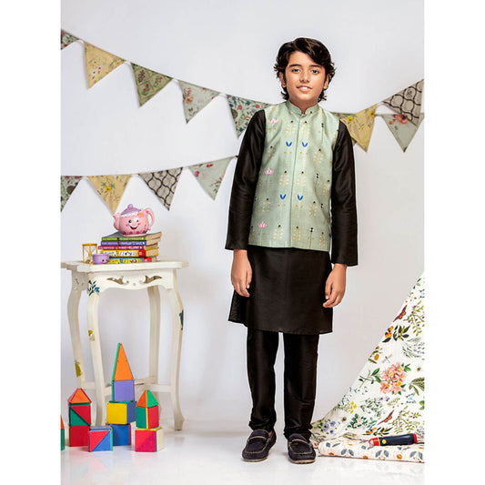 PS Kids By Payal Singhal Green Printed Black Kurta And Black Churidar (Set of 3)
