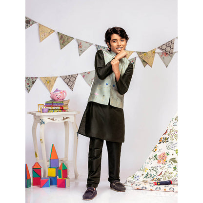 PS Kids By Payal Singhal Green Printed Black Kurta And Black Churidar (Set of 3)