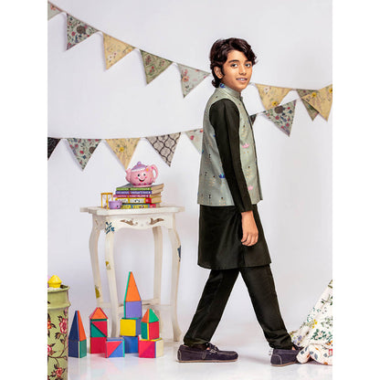 PS Kids By Payal Singhal Green Printed Black Kurta And Black Churidar (Set of 3)