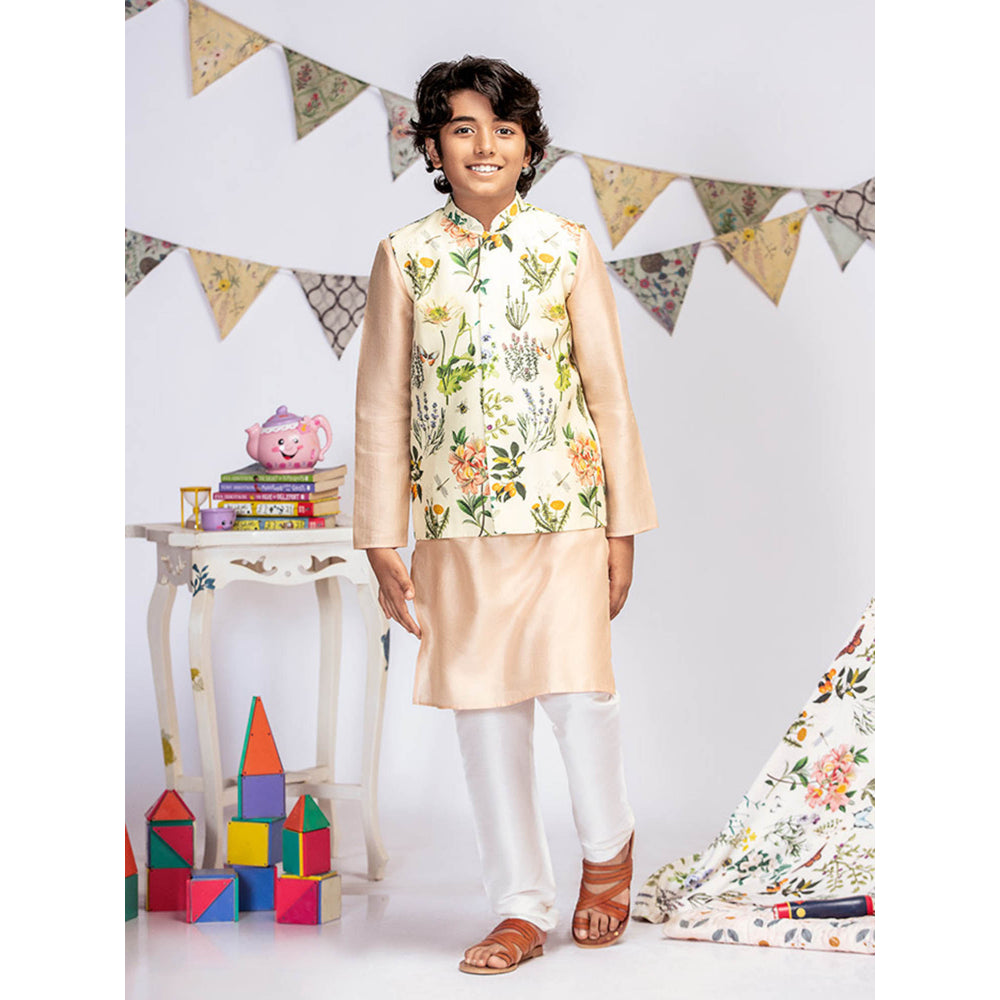 PS Kids By Payal Singhal Ivory Printed Blush Kurta And Off White Churidar (Set of 3)