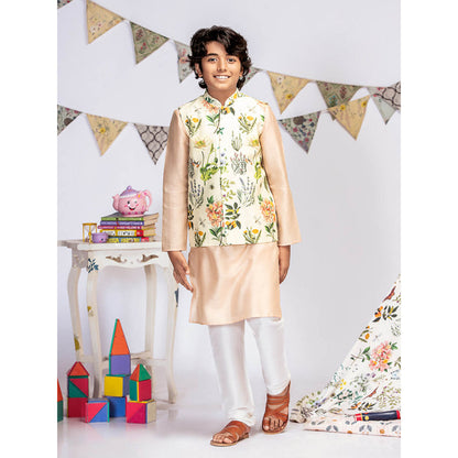 PS Kids By Payal Singhal Ivory Printed Blush Kurta And Off White Churidar (Set of 3)