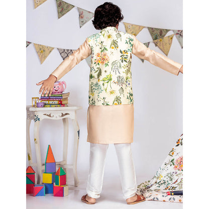 PS Kids By Payal Singhal Ivory Printed Blush Kurta And Off White Churidar (Set of 3)