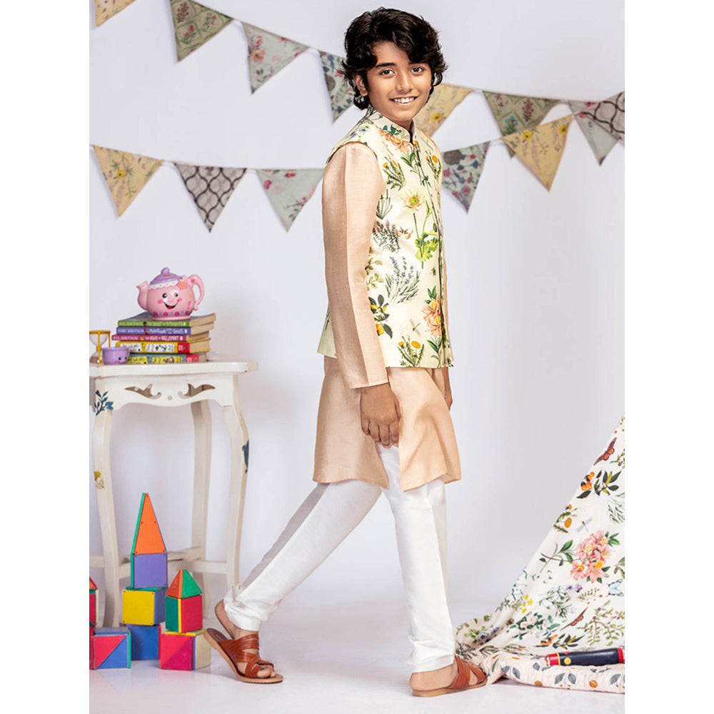 PS Kids By Payal Singhal Ivory Printed Blush Kurta And Off White Churidar (Set of 3)