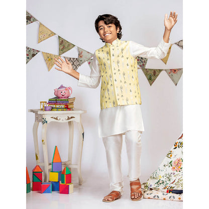 PS Kids By Payal Singhal Yellow Printed Kurta And Churidar (Set of 3)