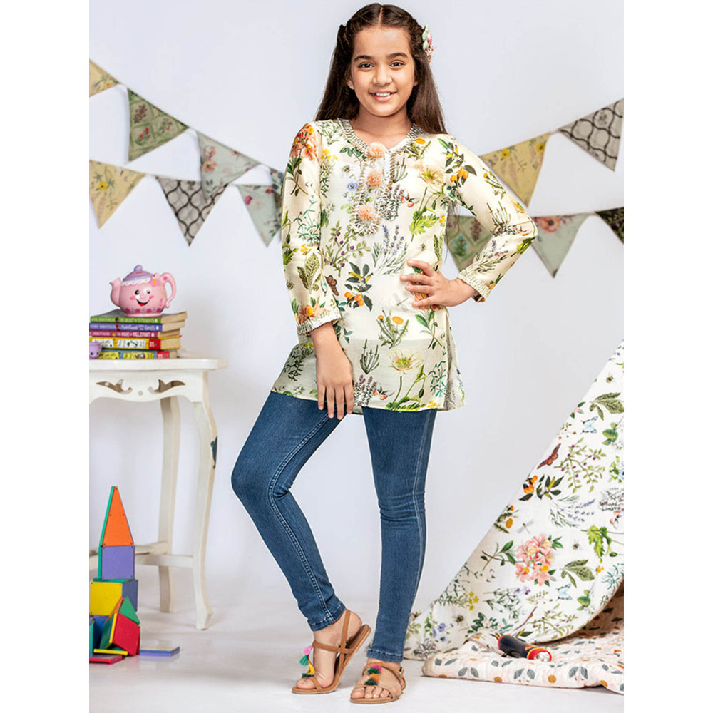 PS Kids By Payal Singhal Ivory Printed Silkmul Tunic