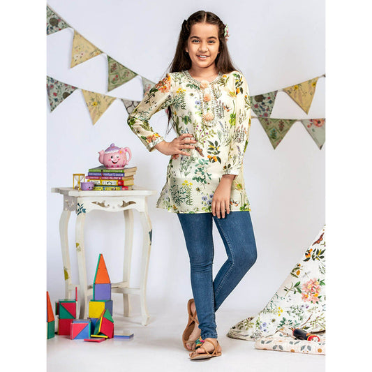 PS Kids By Payal Singhal Ivory Printed Silkmul Tunic