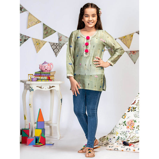 PS Kids By Payal Singhal Green Printed Silkmul Tunic