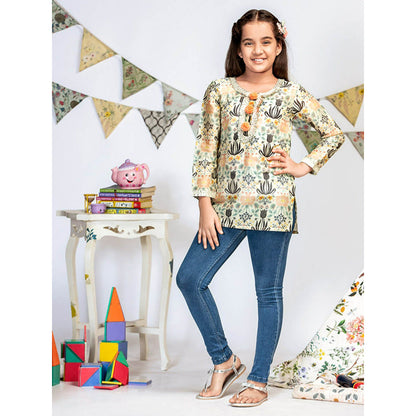 PS Kids By Payal Singhal Cream Printed Silkmul Tunic