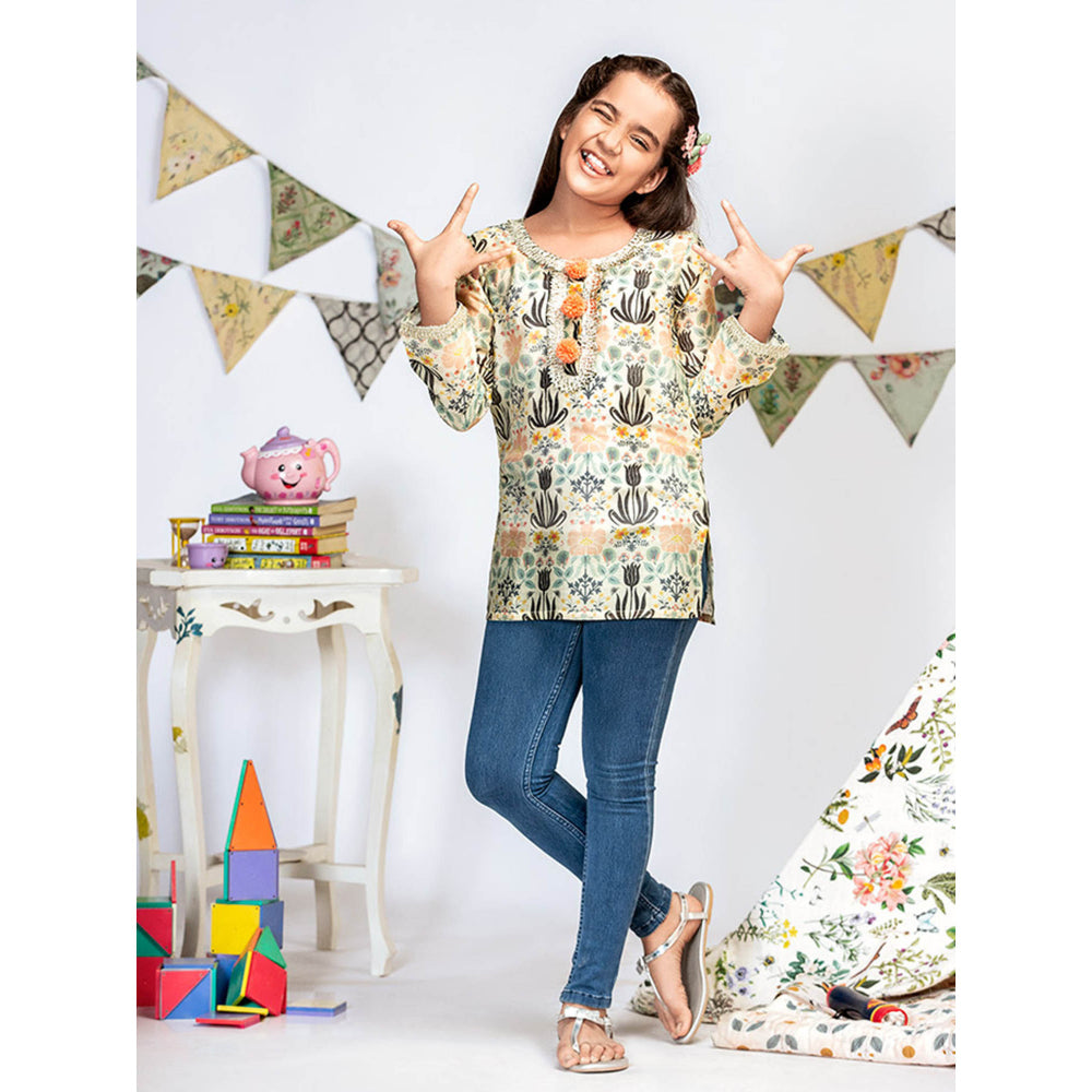 PS Kids By Payal Singhal Cream Printed Silkmul Tunic
