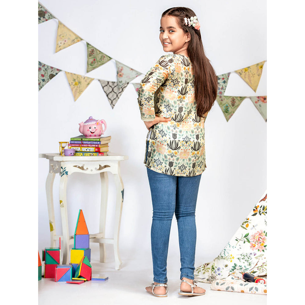 Ps Kids By Payal Singhal Cream Printed Silkmul Tunic