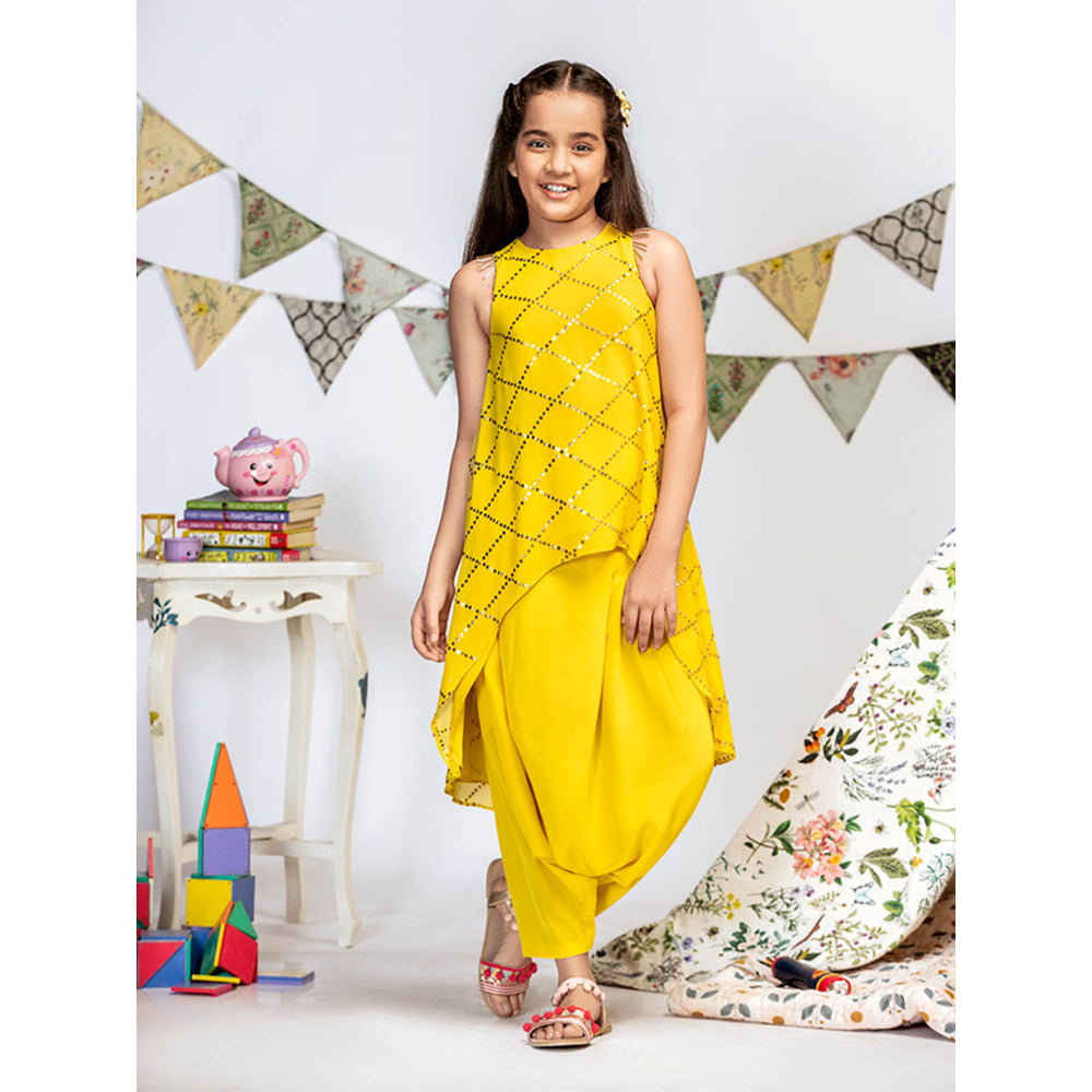 PS Kids By Payal Singhal Yellow Georgette High-Low Tunic with Crotch Pant (Set of 2)