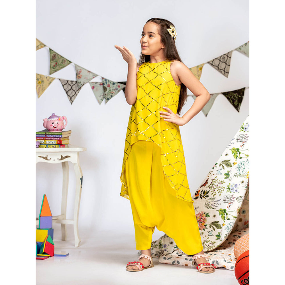 PS Kids By Payal Singhal Yellow Georgette High-Low Tunic with Crotch Pant (Set of 2)