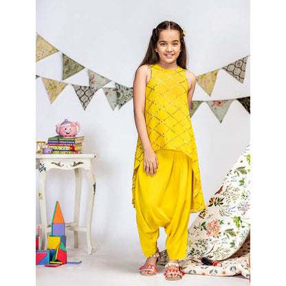 PS Kids By Payal Singhal Yellow Georgette High-Low Tunic with Crotch Pant (Set of 2)