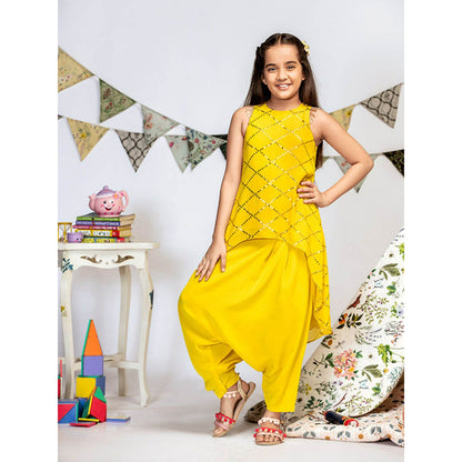 PS Kids By Payal Singhal Yellow Georgette High-Low Tunic with Crotch Pant (Set of 2)