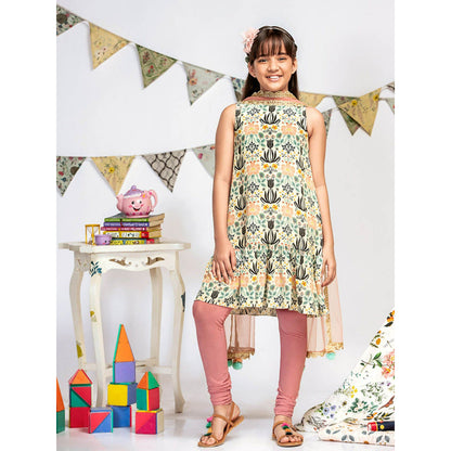 PS Kids By Payal Singhal Cream Printed Kurta with Churidar And Dupatta (Set of 3)