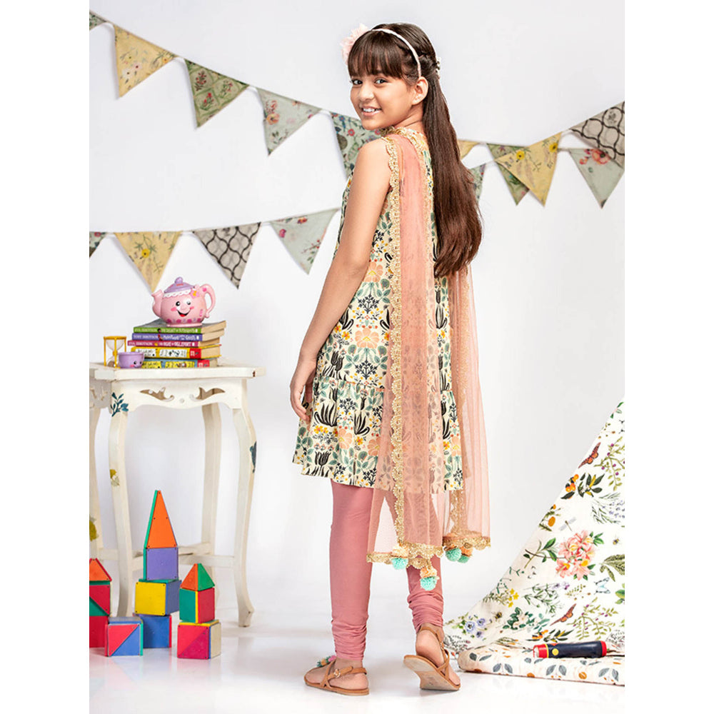 PS Kids By Payal Singhal Cream Printed Kurta with Churidar And Dupatta (Set of 3)