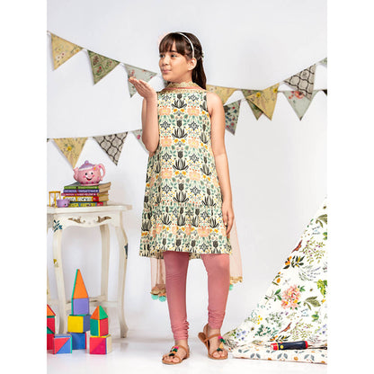 PS Kids By Payal Singhal Cream Printed Kurta with Churidar And Dupatta (Set of 3)