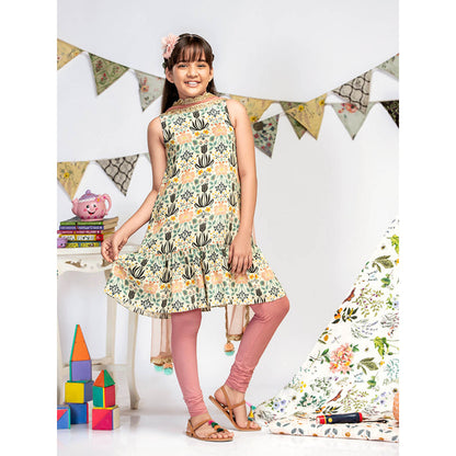 PS Kids By Payal Singhal Cream Printed Kurta with Churidar And Dupatta (Set of 3)