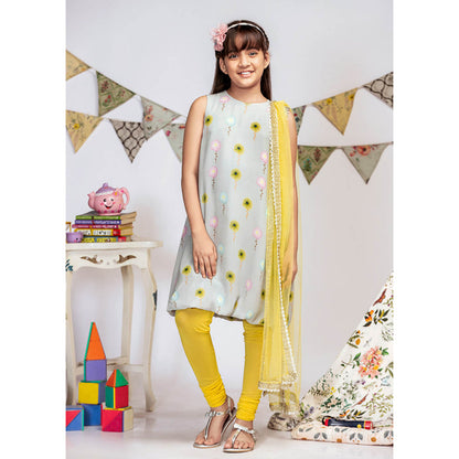 PS Kids By Payal Singhal Grey Printed Balloon Kurta with Churidar & Dupatta (Set of 3)