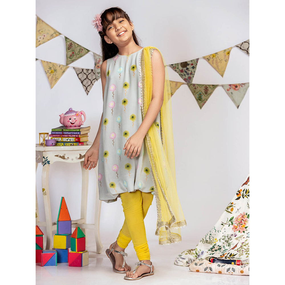 PS Kids By Payal Singhal Grey Printed Balloon Kurta with Churidar & Dupatta (Set of 3)