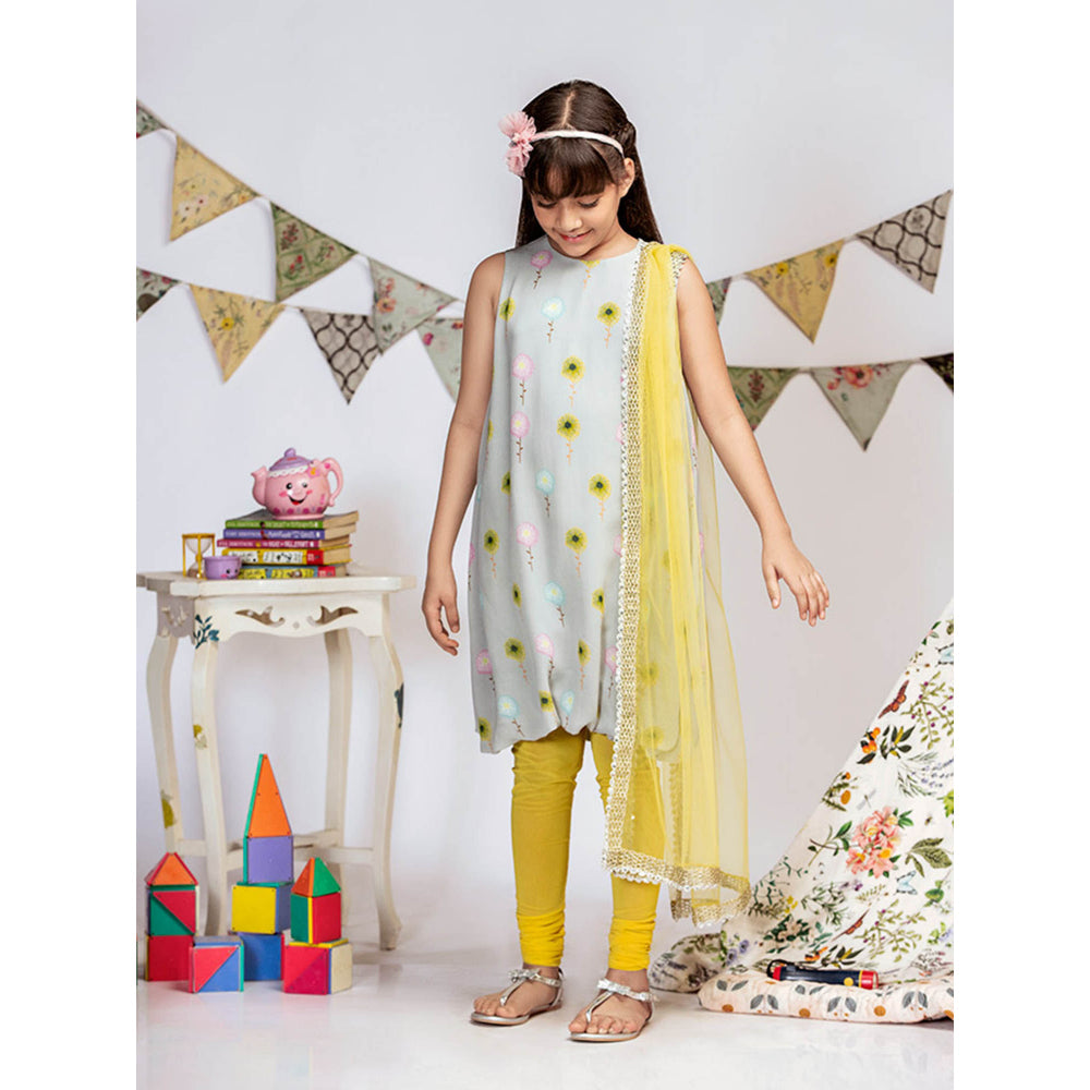 PS Kids By Payal Singhal Grey Printed Balloon Kurta with Churidar & Dupatta (Set of 3)