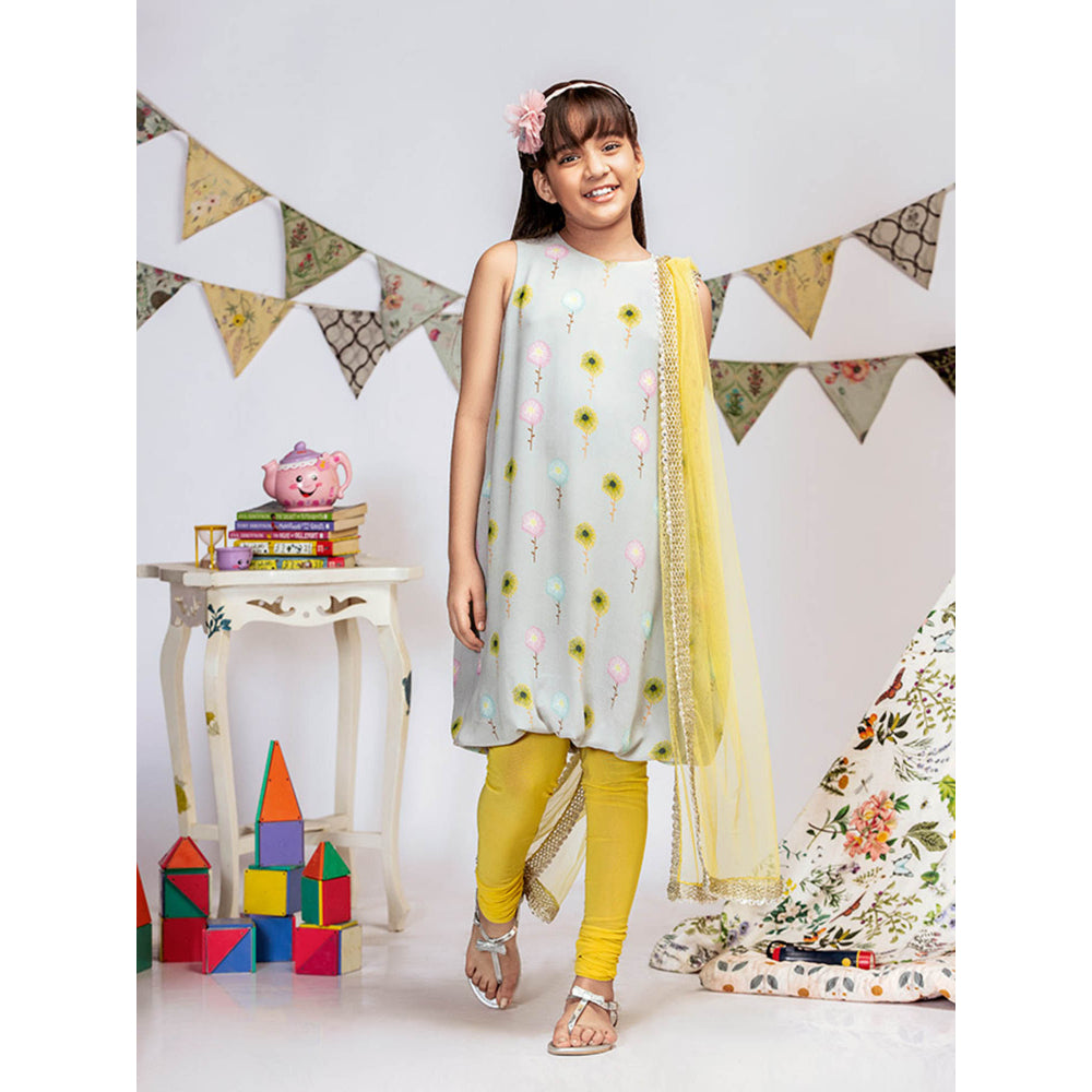 PS Kids By Payal Singhal Grey Printed Balloon Kurta with Churidar & Dupatta (Set of 3)