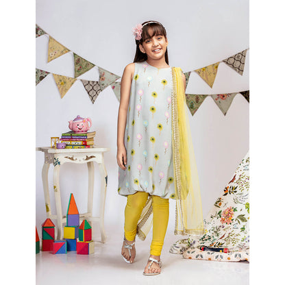 PS Kids By Payal Singhal Grey Printed Balloon Kurta with Churidar & Dupatta (Set of 3)