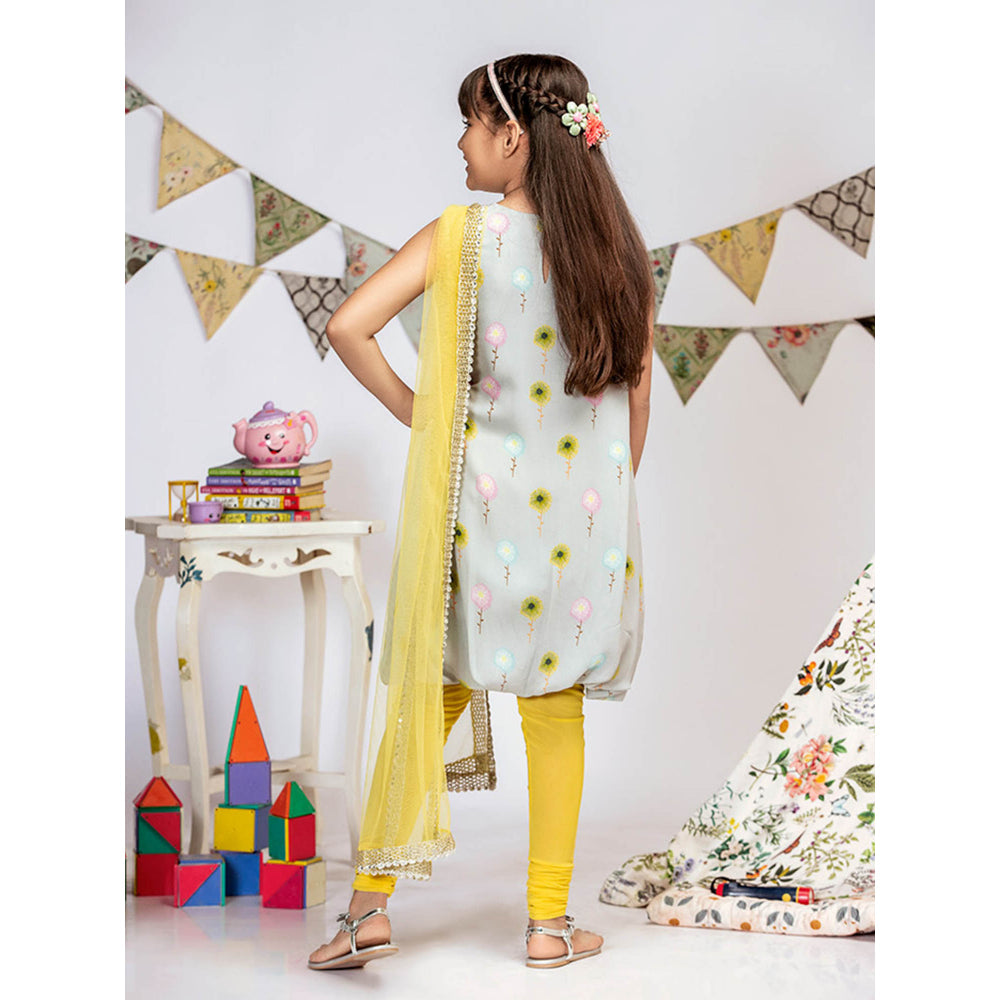 PS Kids By Payal Singhal Grey Printed Balloon Kurta with Churidar & Dupatta (Set of 3)